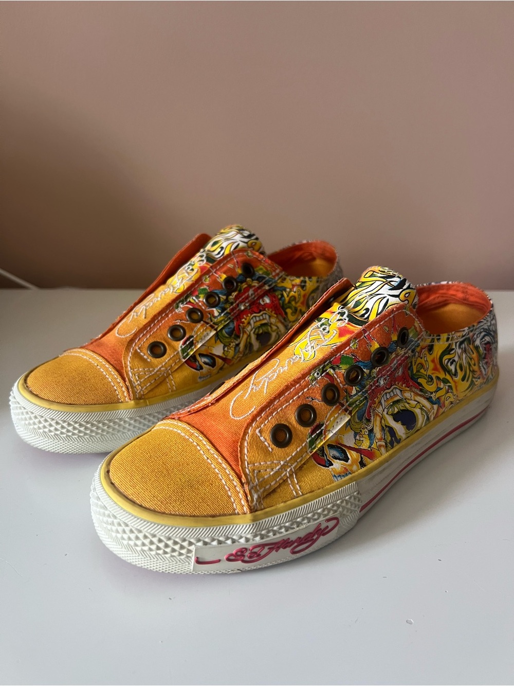 Ed Hardy Laceless Slip On Sneakers Size 7 Yellow Orange Tattoo Canvas Y2K Vtg
